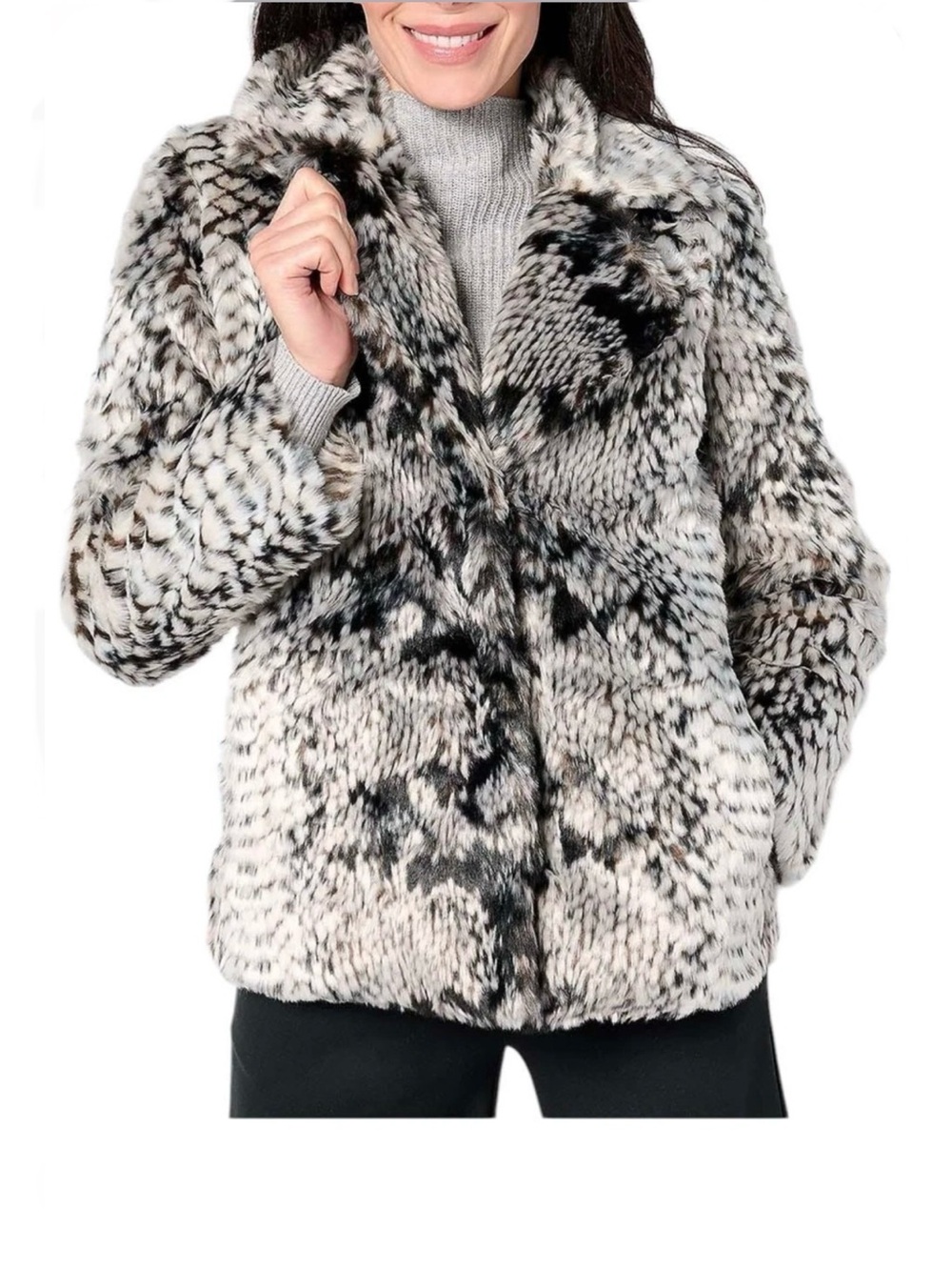 DENNIS BASSO Black White Faux Fur Jacket Animal Snake Print Winter Coat Sz M